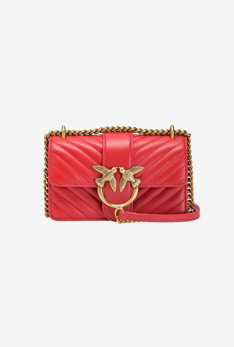 Women's Pinko Mini Love Bag Icon V Quilt Crossbody Bags Red Gold | Canada-87326049