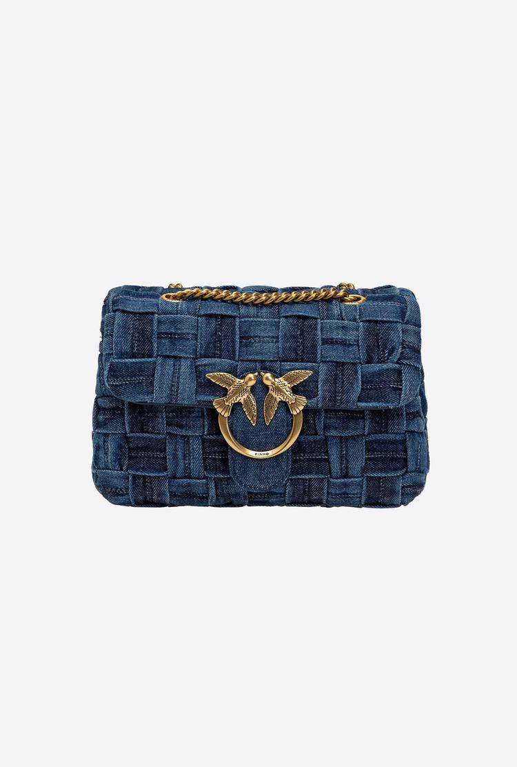 Women's Pinko Mini Love Bag Puff Woven Denim Crossbody Bags Blue Navy Gold | Canada-67183409