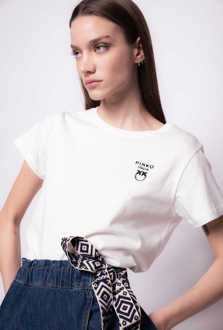 Women's Pinko Mini Love Birds Embroidery T Shirts White | Canada-10452699
