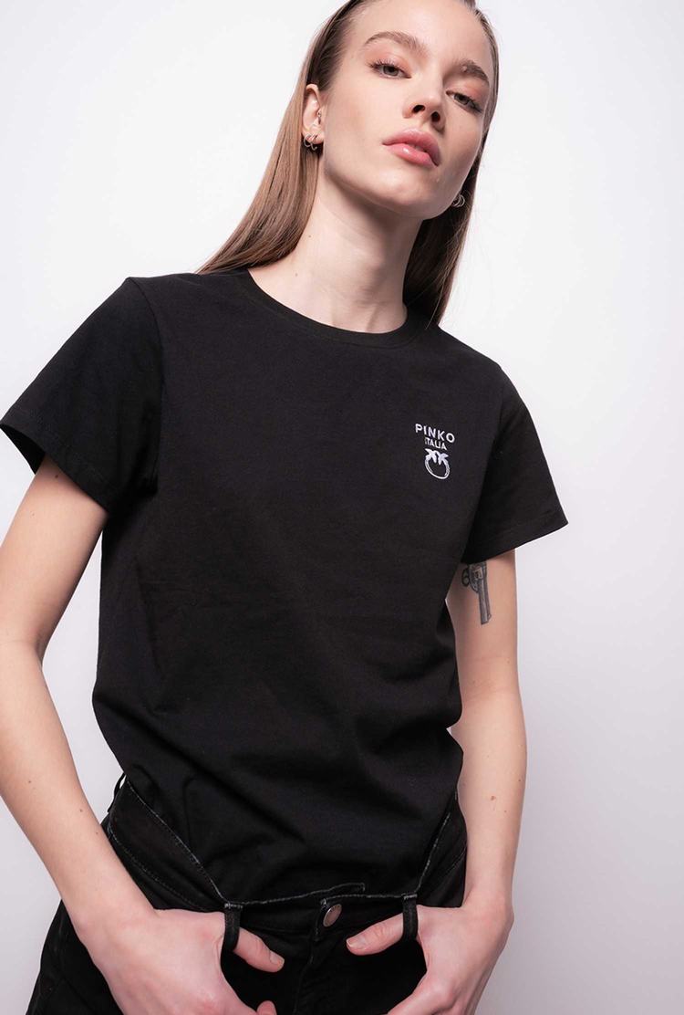Women's Pinko Mini Love Birds Embroidery T Shirts Black | Canada-31849269