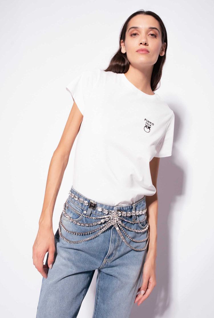 Women's Pinko Mini Love Birds Embroidery T Shirts White | Canada-81390749