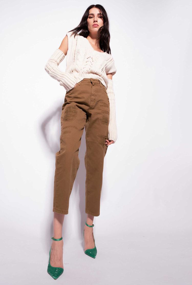 Women's Pinko Mom-fit In Ripped Bull Fabric Jeans Brown | Canada-32907469