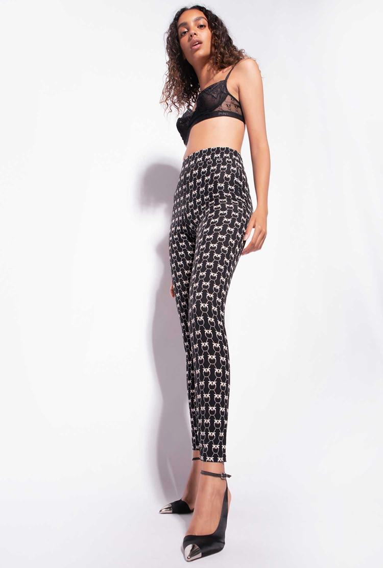 Women's Pinko Monogram Pants Black/Cream | Canada-69487059
