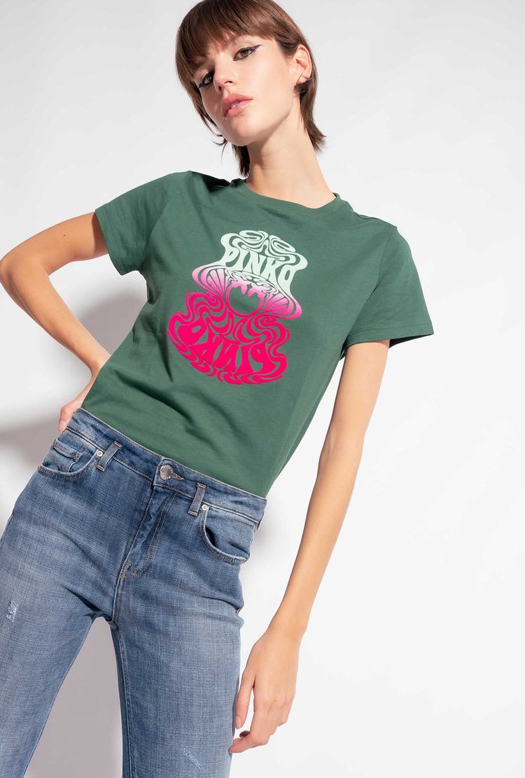 Women's Pinko Multicoloured Love Birds Logo T Shirts Green Multicolor/Pink | Canada-19670539