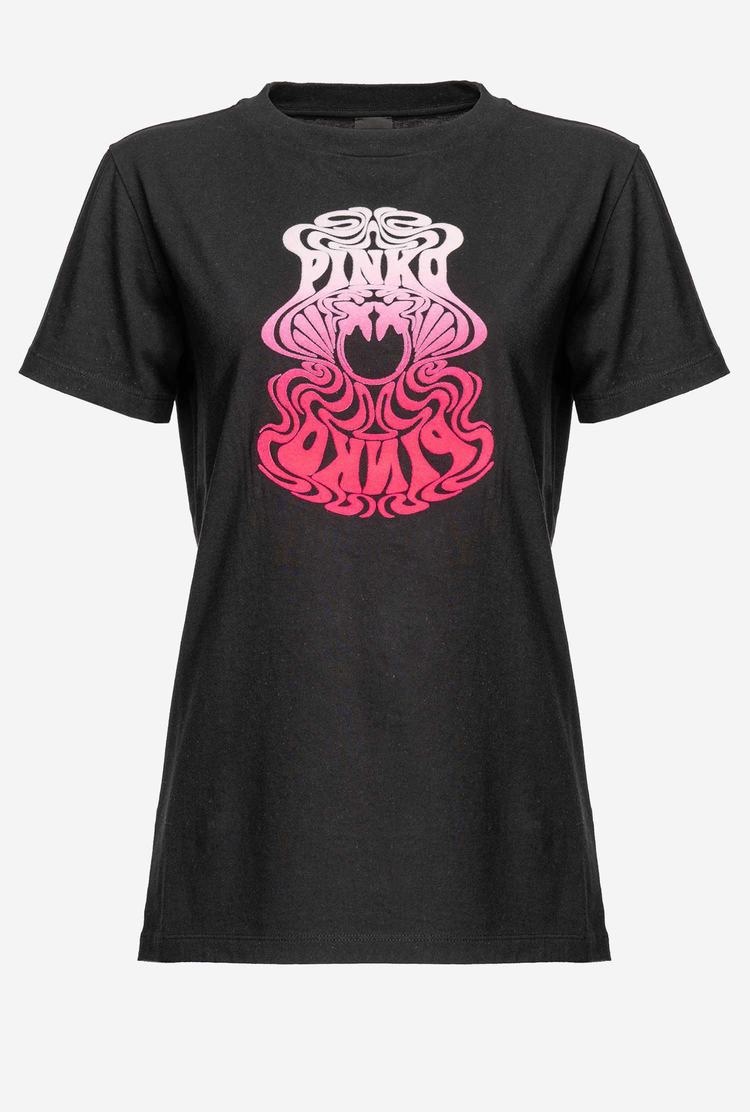 Women's Pinko Multicoloured Love Birds Logo T Shirts Black/Pink/Orange | Canada-86321059