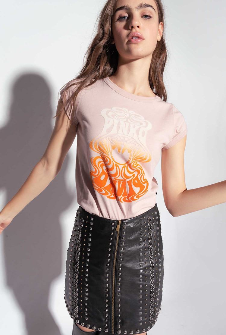 Women's Pinko Multicoloured Love Birds Logo T Shirts Pink/Orange | Canada-94306829