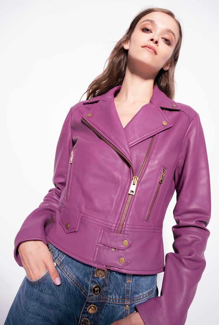 Women's Pinko Nappa Leather Biker Jacket Dark Purple | Canada-02783569
