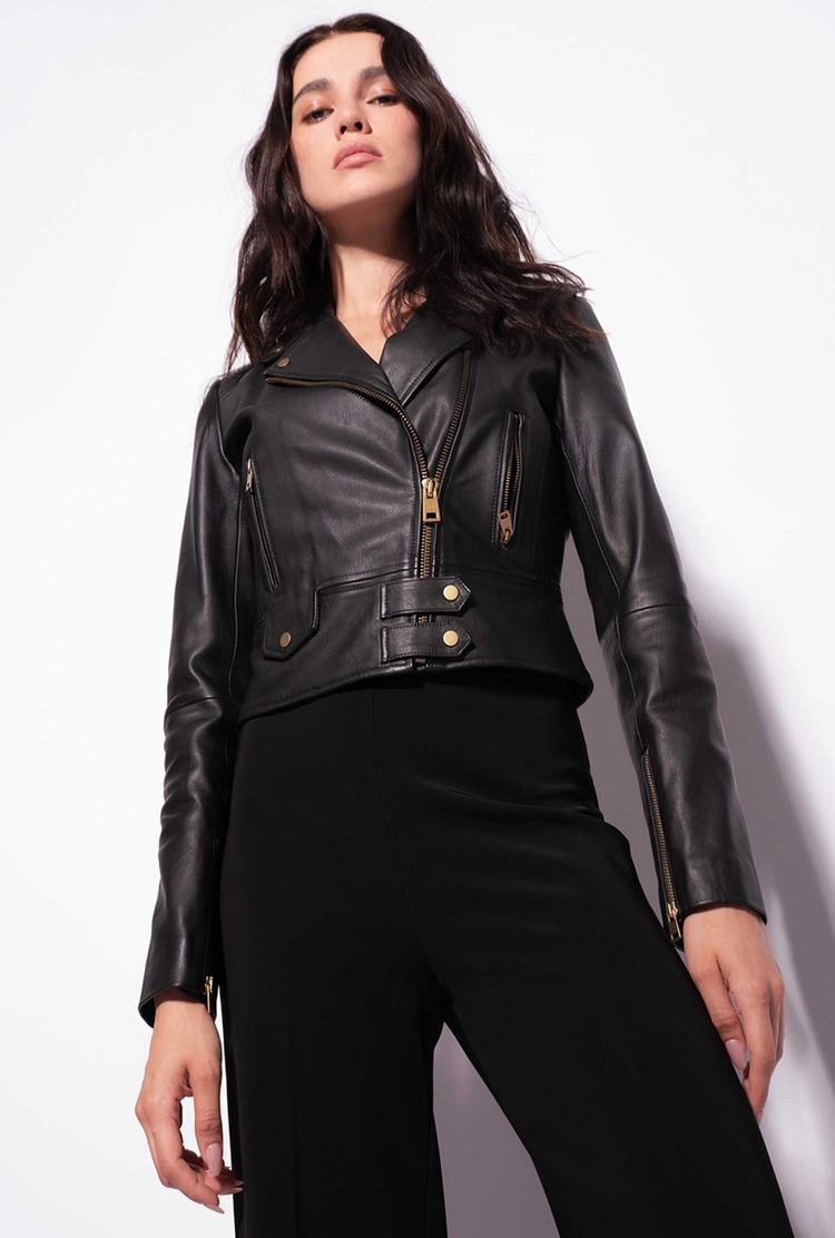Women's Pinko Nappa Leather Biker Jacket Black | Canada-48716059