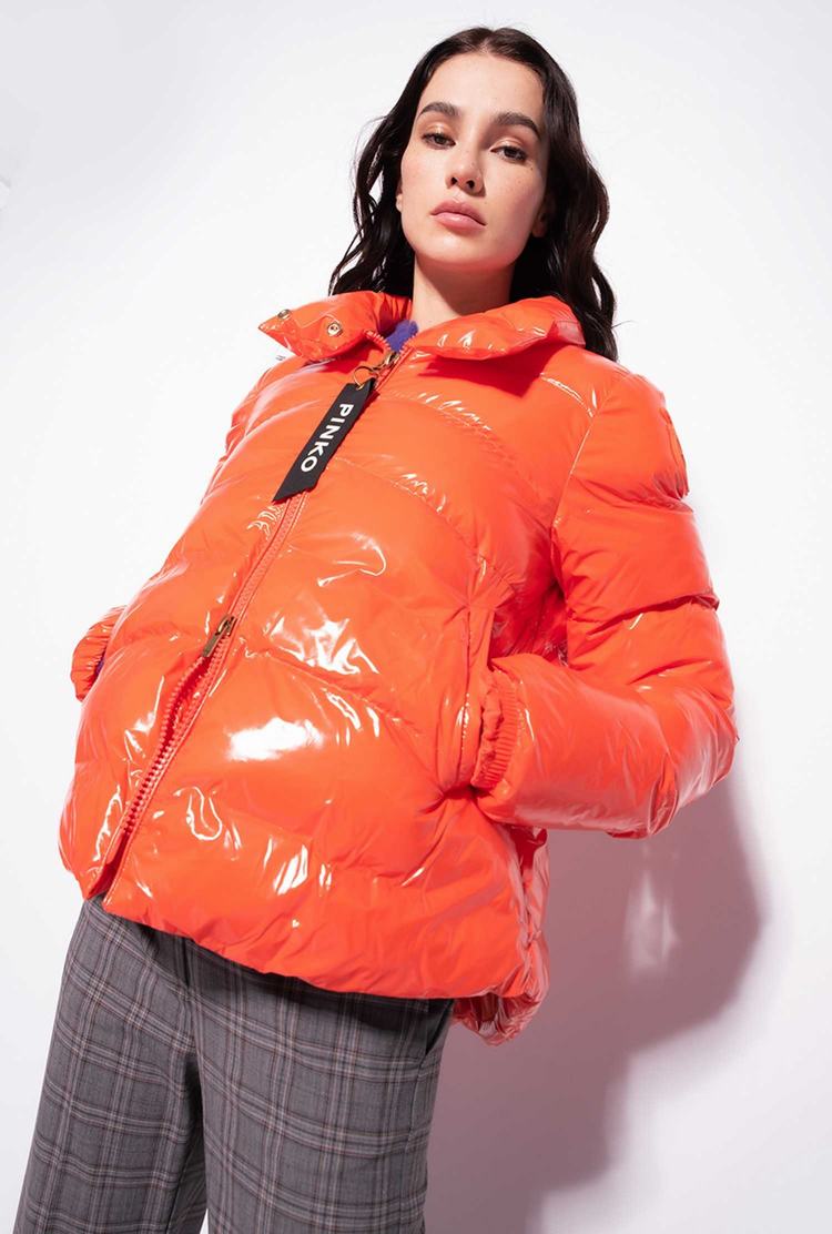 Women's Pinko Padded Crystal Nylon Jackets Orange | Canada-41326989