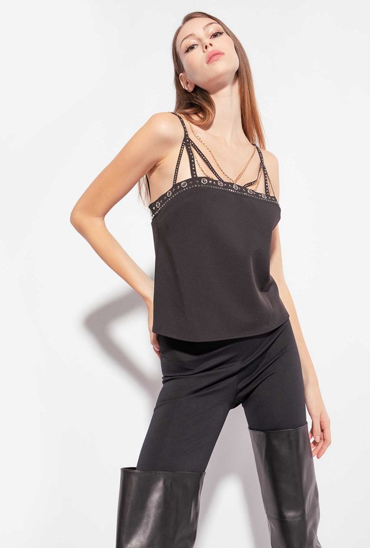 Women's Pinko Rhinestones And Jewel Chain Tanks Black | Canada-06921389