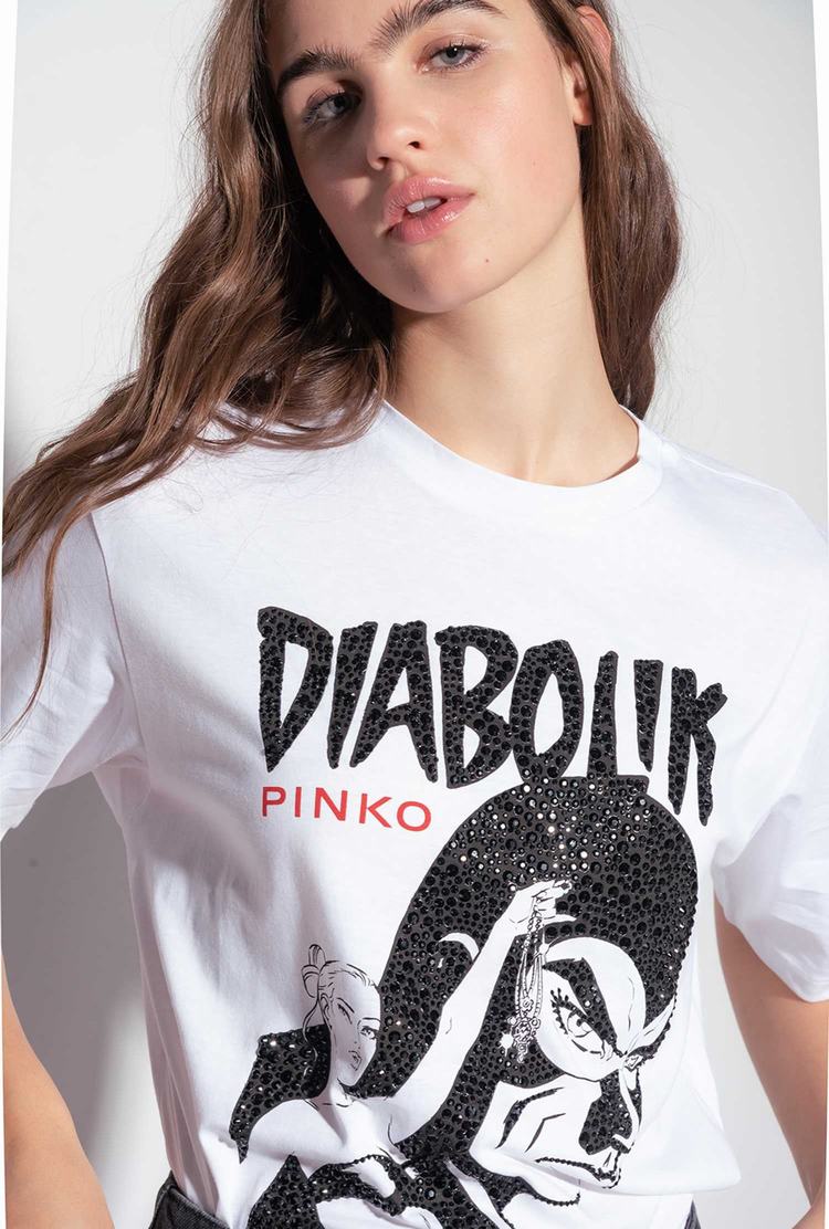 Women's Pinko Rhinestones T Shirts White | Canada-92167349