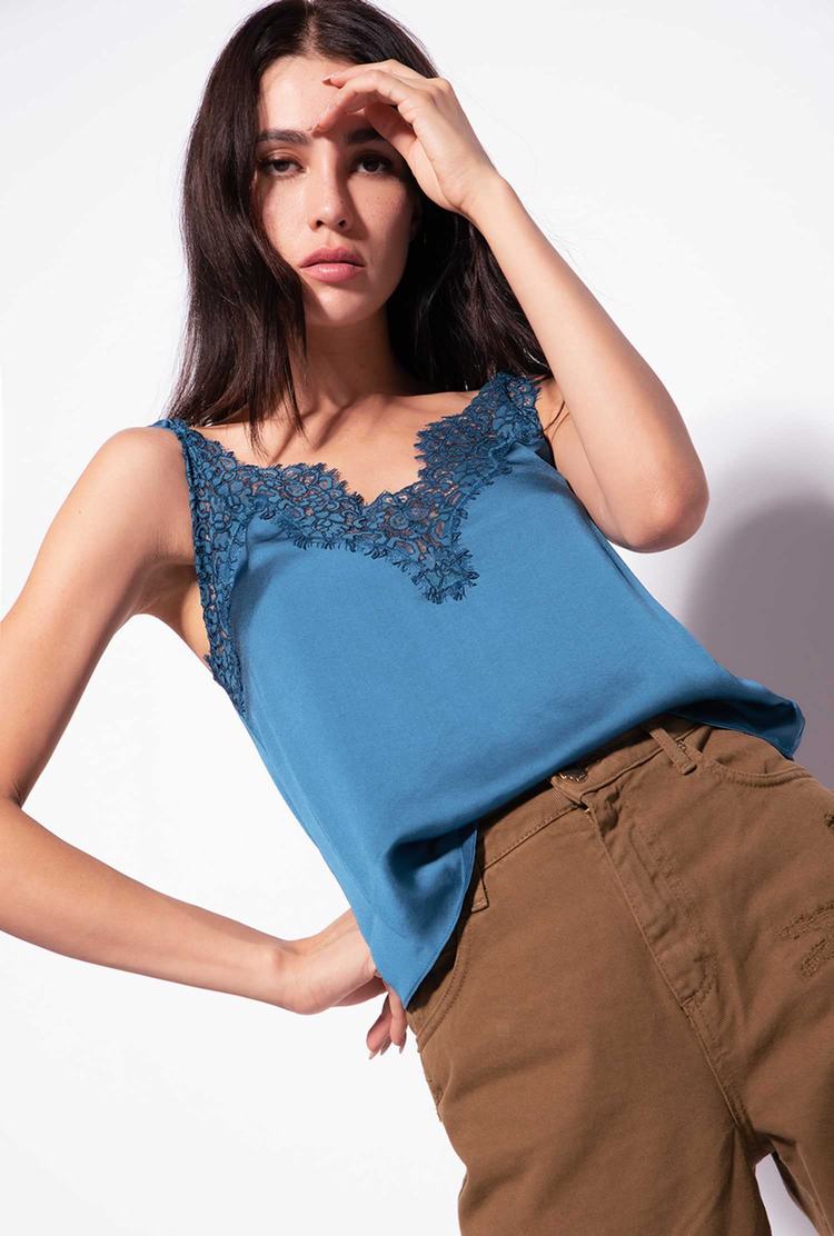 Women's Pinko Satin And Lace Tanks Blue | Canada-48612509