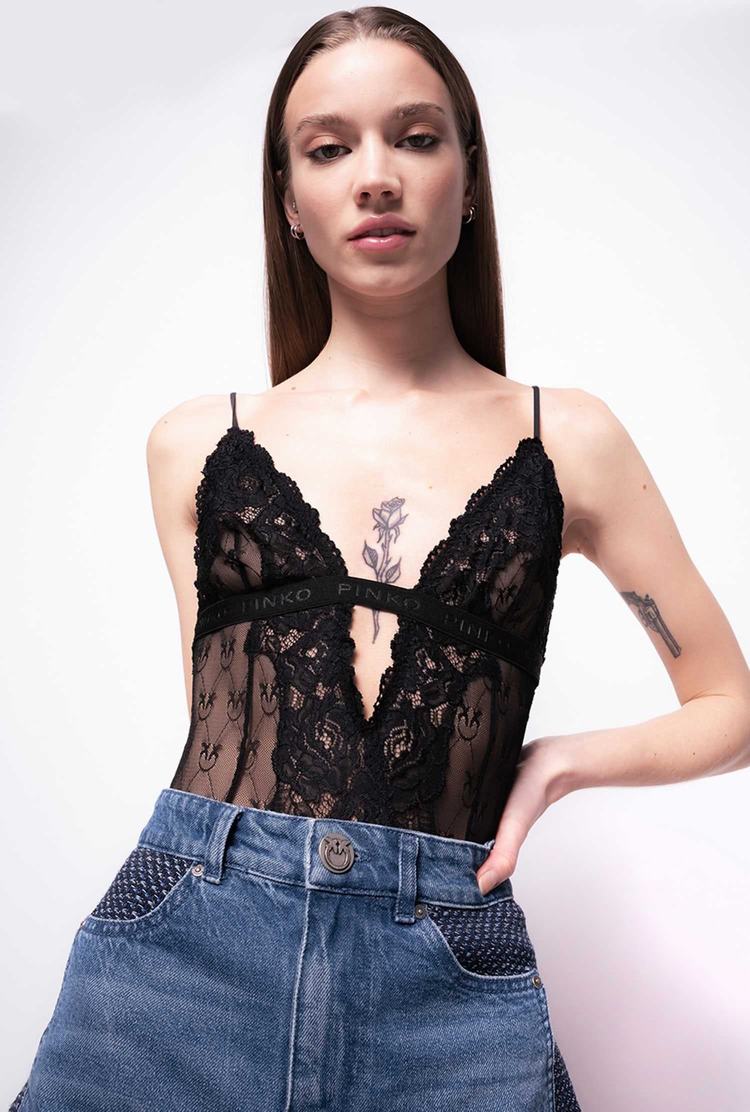 Women's Pinko Scoop-neck Lace Bodysuit Black | Canada-34951879