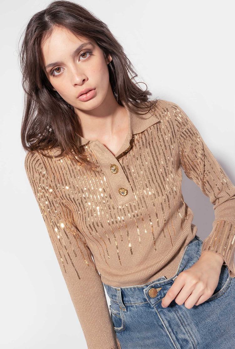 Women's Pinko Sequins Sweaters Brown/Gold | Canada-98034269