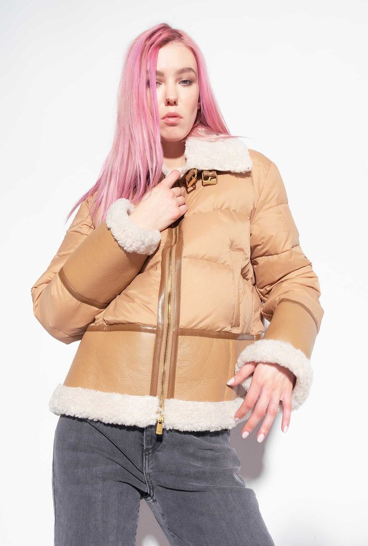 Women's Pinko Sheepskin-effect Faux Fur Detailing Down Jackets Brown/White | Canada-02745819