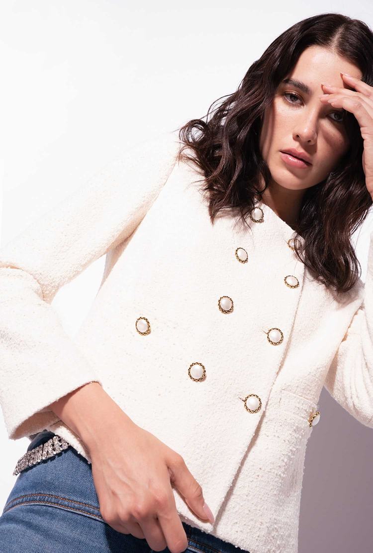 Women's Pinko Short Basketweave Bouclé Jackets Beige | Canada-05421639