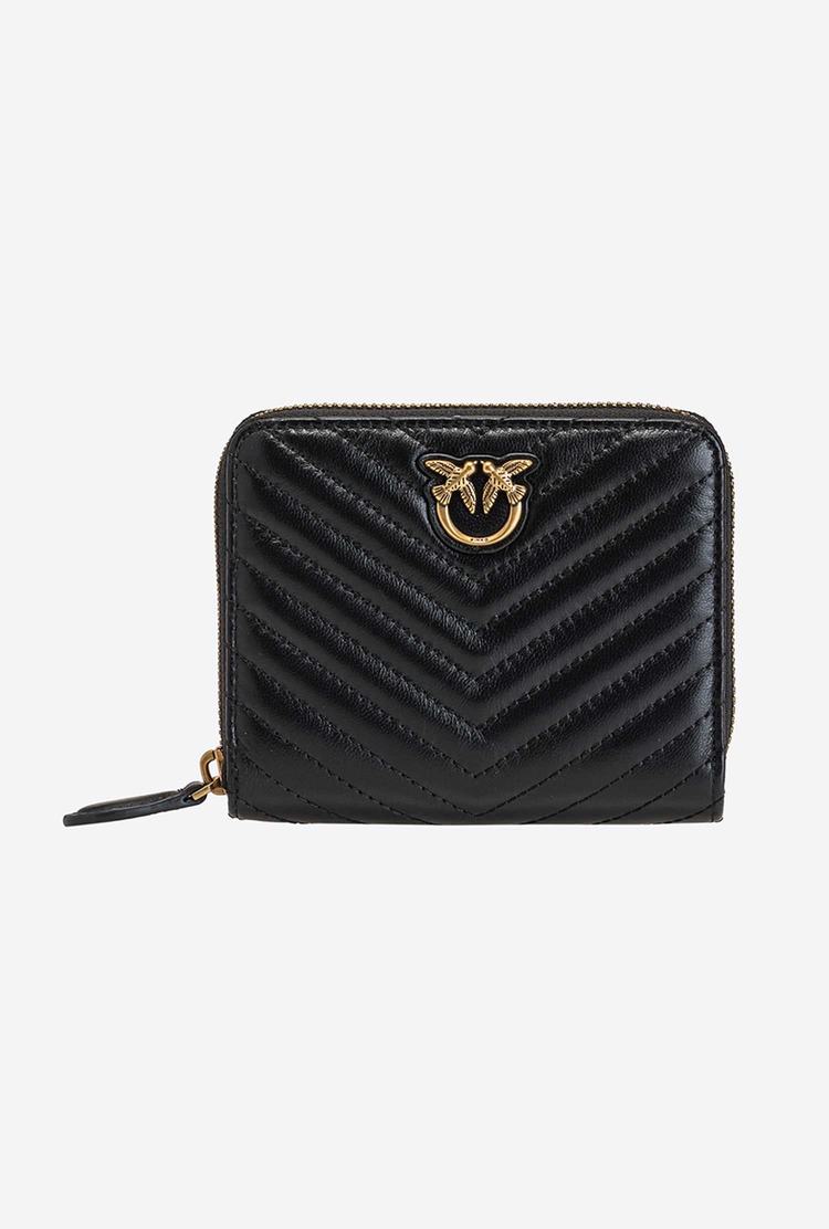 Women's Pinko Small Zip-around In Chevron-patterned Nappa Wallets Black Gold | Canada-64271599