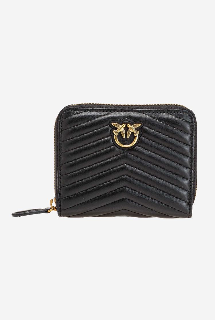 Women's Pinko Small Zip-around In Chevron-patterned Nappa Leather Purses Black Gold | Canada-75946239