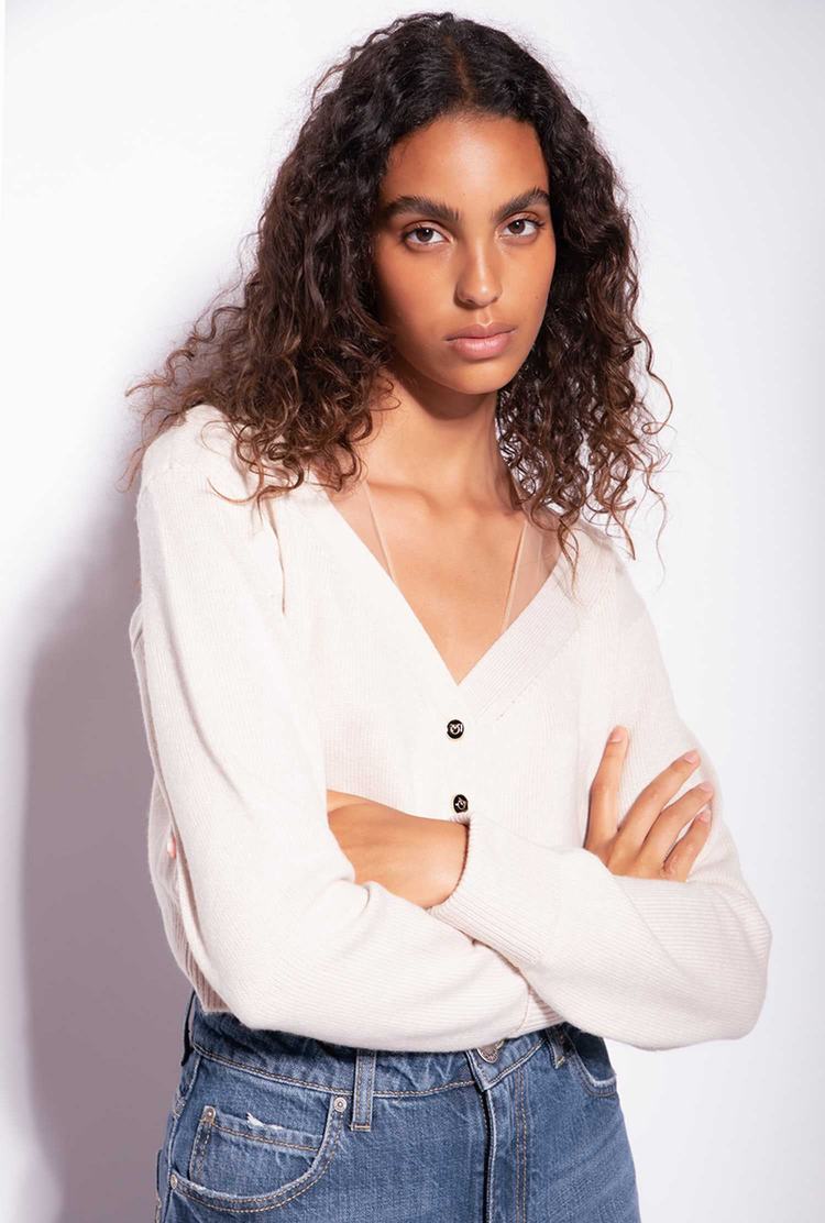 Women's Pinko Soft Wool And Tulle Cardigan Beige | Canada-63519479