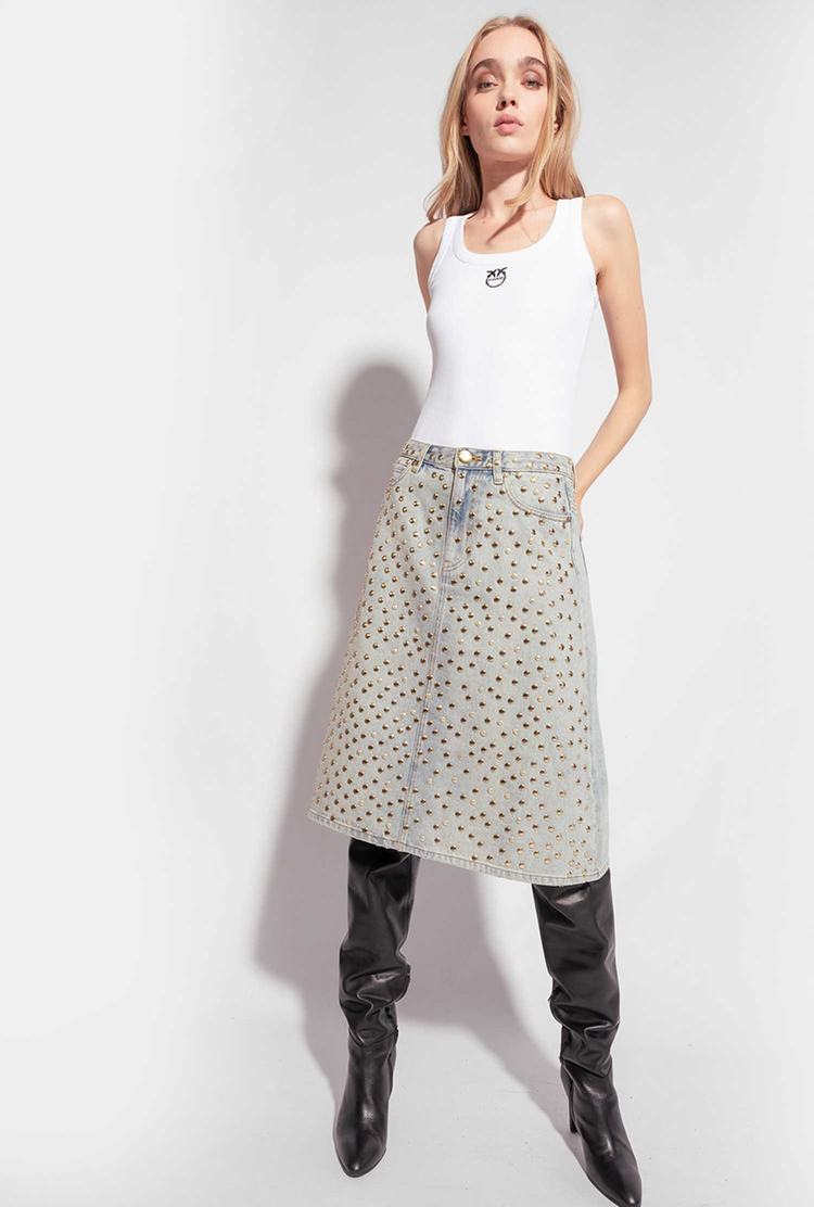 Women's Pinko Studded Denim Skirts Blue | Canada-78136529