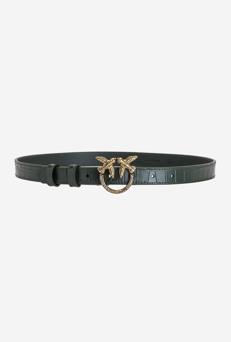 Women's Pinko Thin Crocodile-print Love Birds Leather Belts Green Gold | Canada-27184599