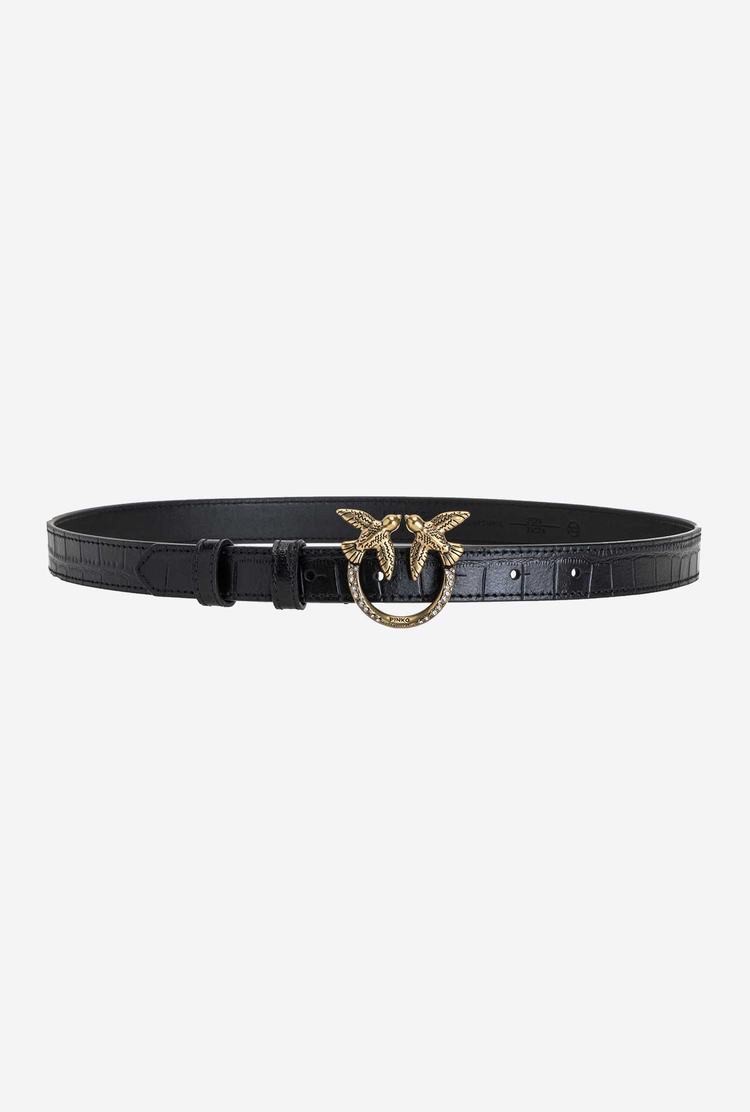 Women's Pinko Thin Crocodile-print Love Birds Leather Belts Black Gold | Canada-68507919