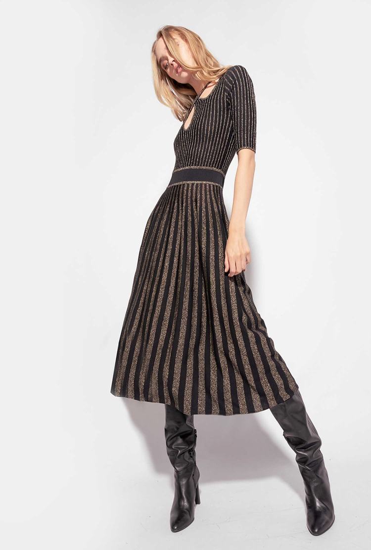 Women's Pinko Two-tone Knit Midi Dress Black/Gold | Canada-26403179