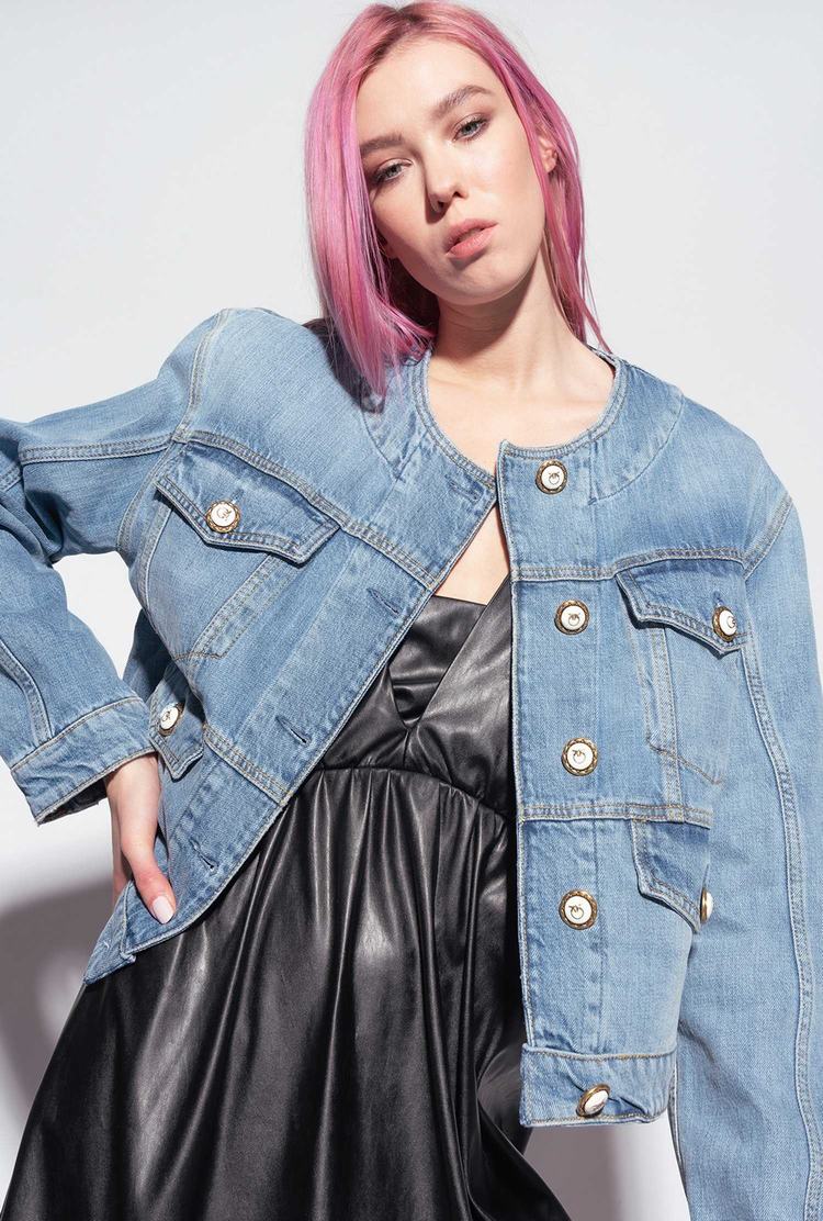 Women's Pinko Used-effect Denim Jackets Grey Blue | Canada-64219709