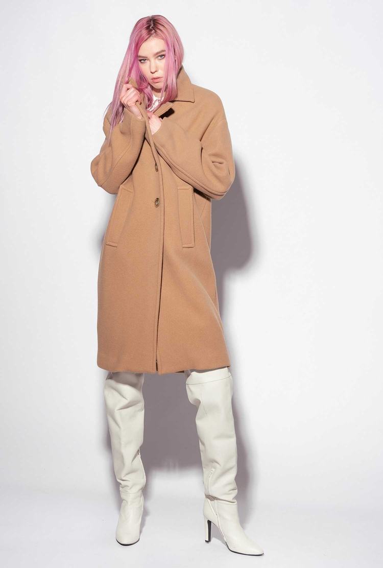 Women's Pinko Washed Cloth Coats Brown Beige | Canada-27954369