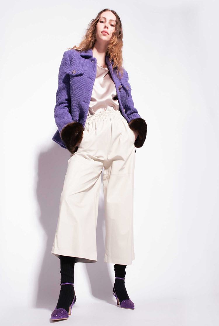 Women's Pinko Wide-leg In Ultra-light Leather Pants Beige | Canada-65807349