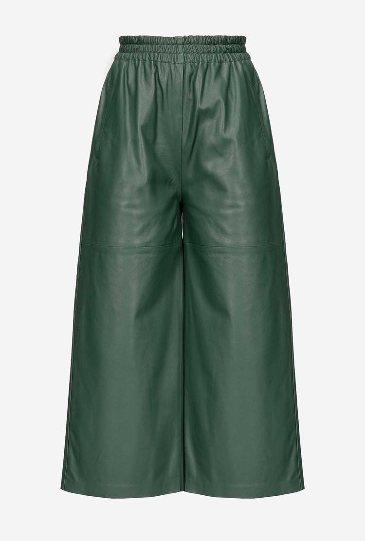 Women's Pinko Wide-leg In Ultra-light Leather Pants Green Deep Grey Blue | Canada-80746519